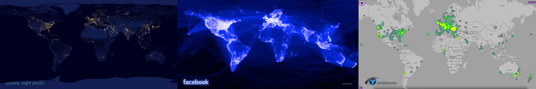 Identical spread of 3 global networks: Electricity, Facebook, uRADmonitor