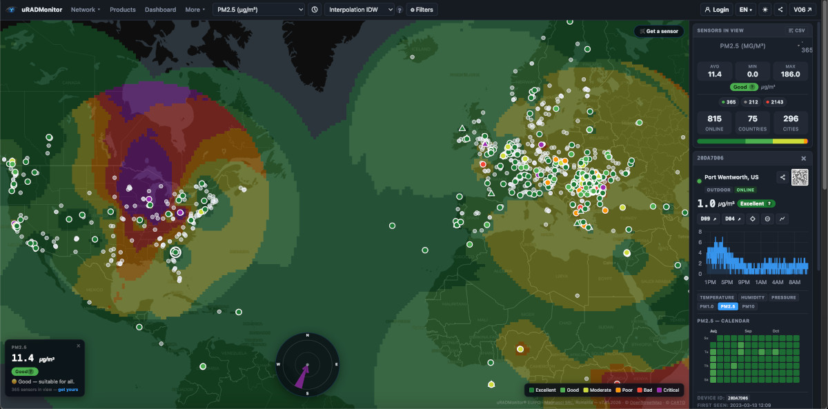 Live radiation and air quality map with uRADMonitor sensors across Europe, showing real-time PM2.5 and ionizing radiation levels